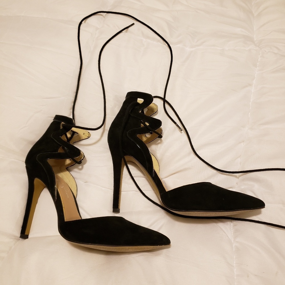 WORN ONCE!! lace-up black suede stiletto heels